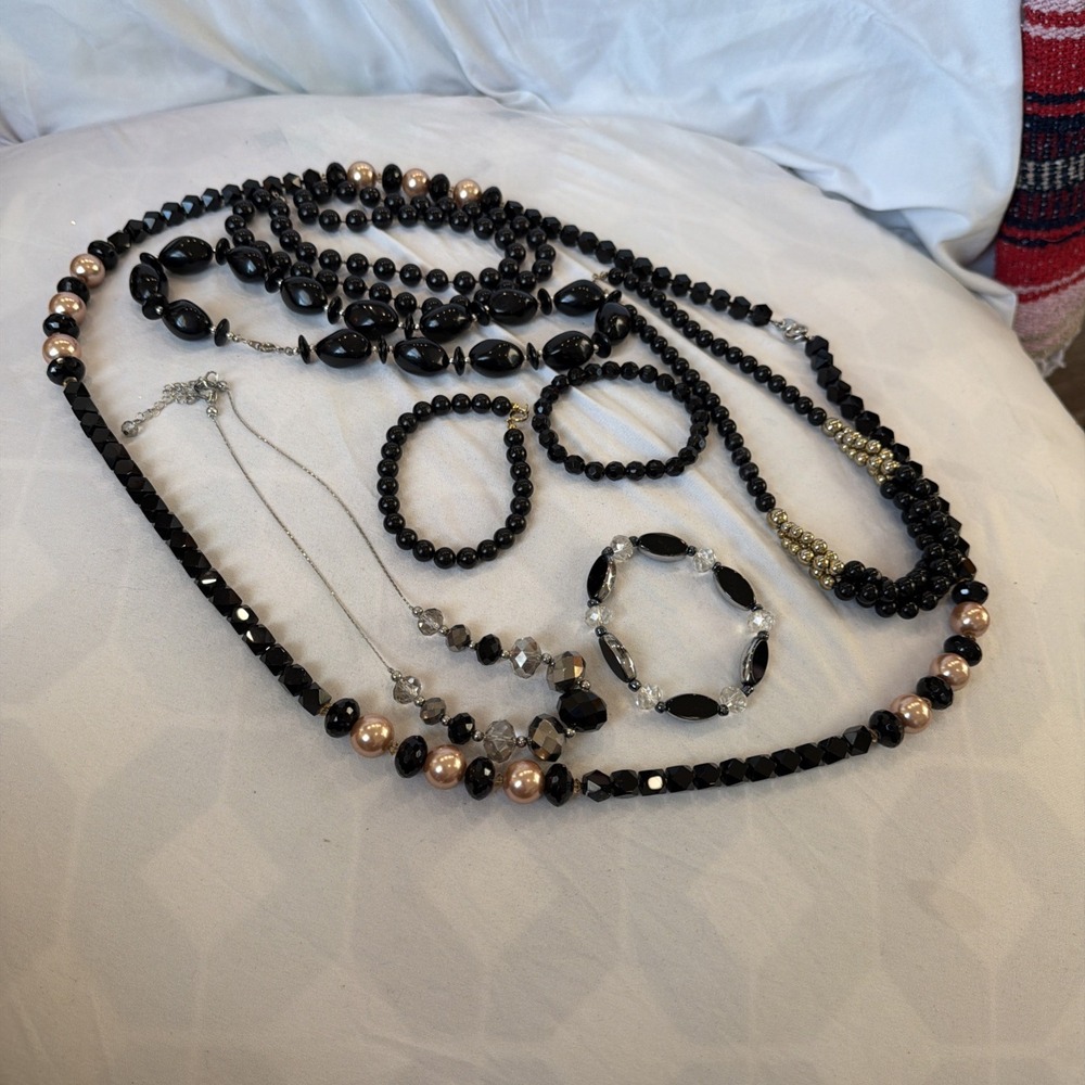 Black Bead Jewelry Lot 8 Pc Talbots Necklace Glass Faux‎ Pearl Gold Tone